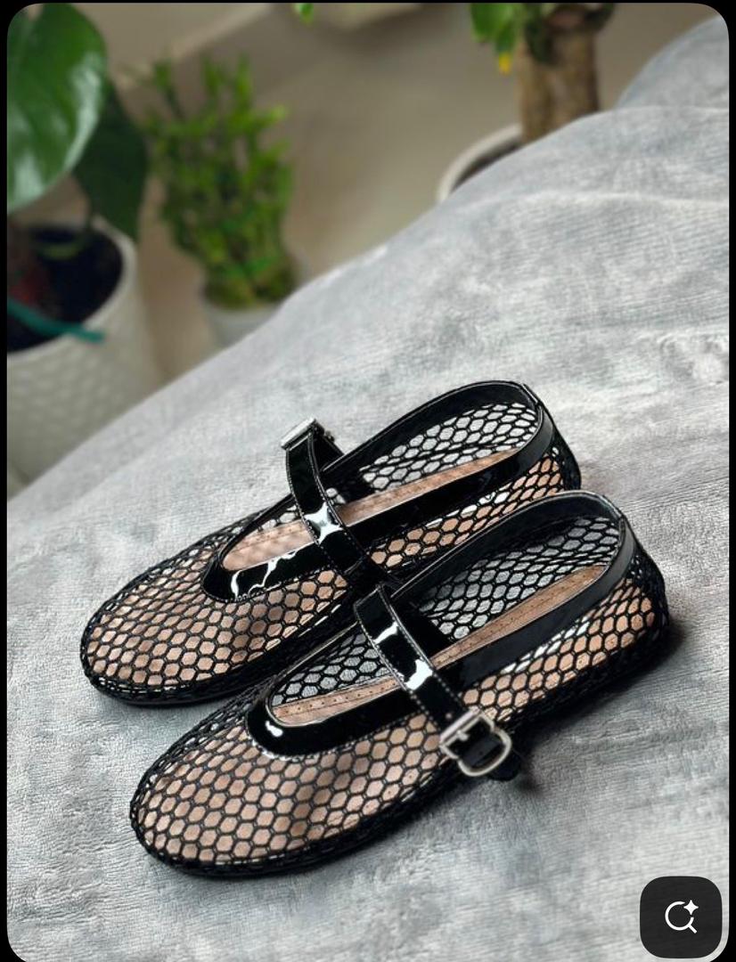 Alaïa Black Fishnet Mesh Ballet Flats with Patent Leather Trim