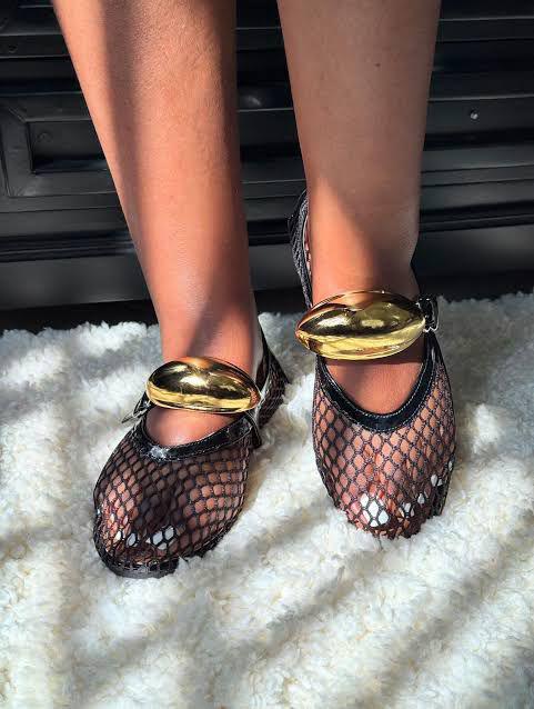 Alaïa Black Fishnet Mesh Ballet Flats with Patent Leather Trim — image 3