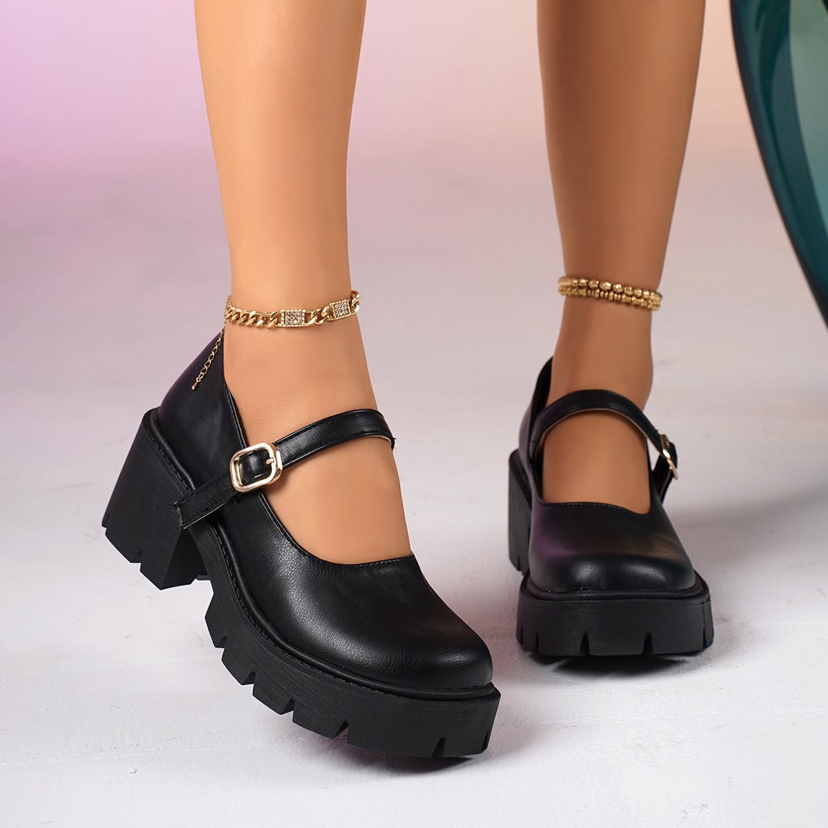 Black Chunky Platform Mary Jane with Gold Buckle