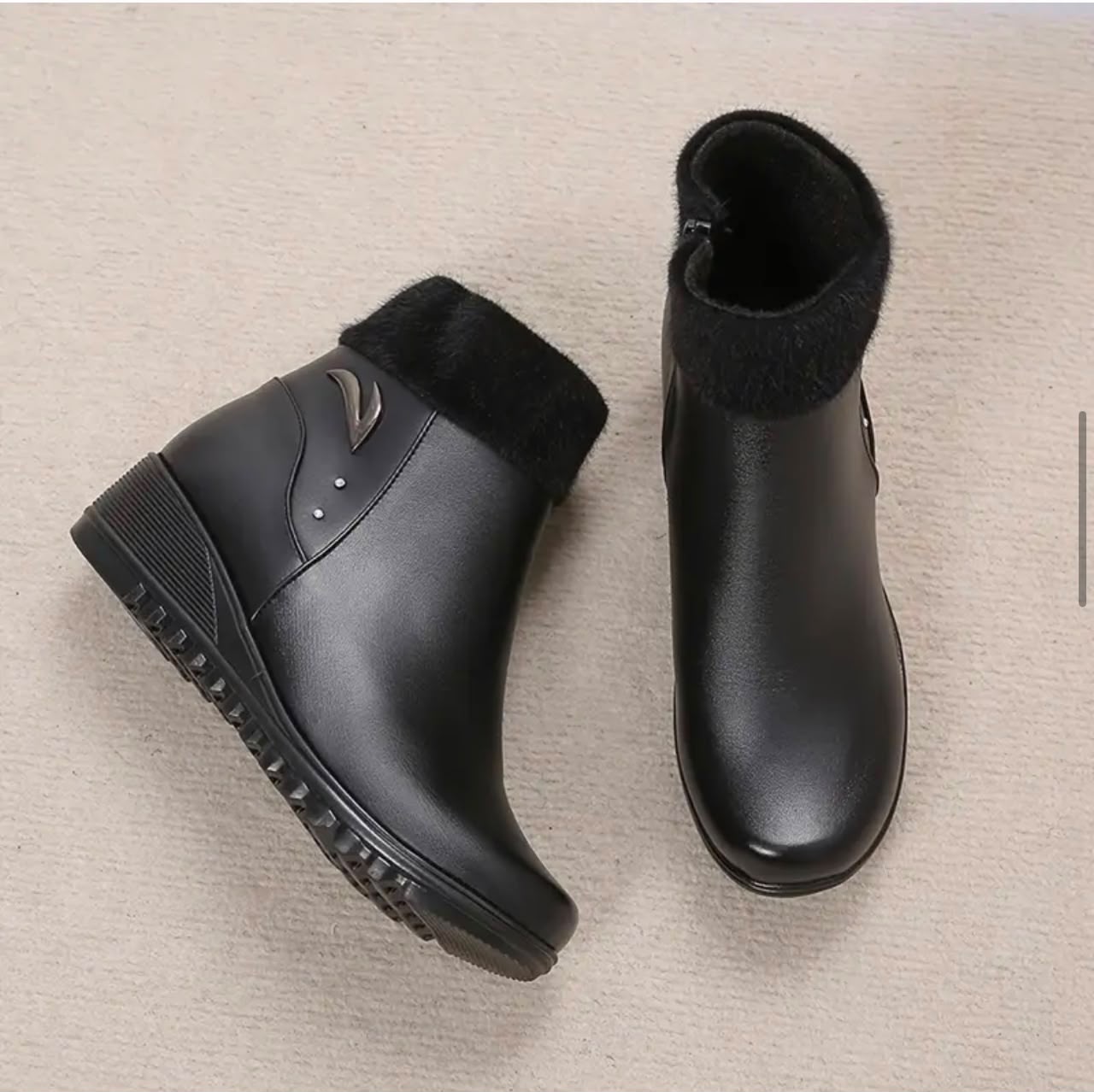 Black Faux-Fur Trim Wedge Ankle Boot