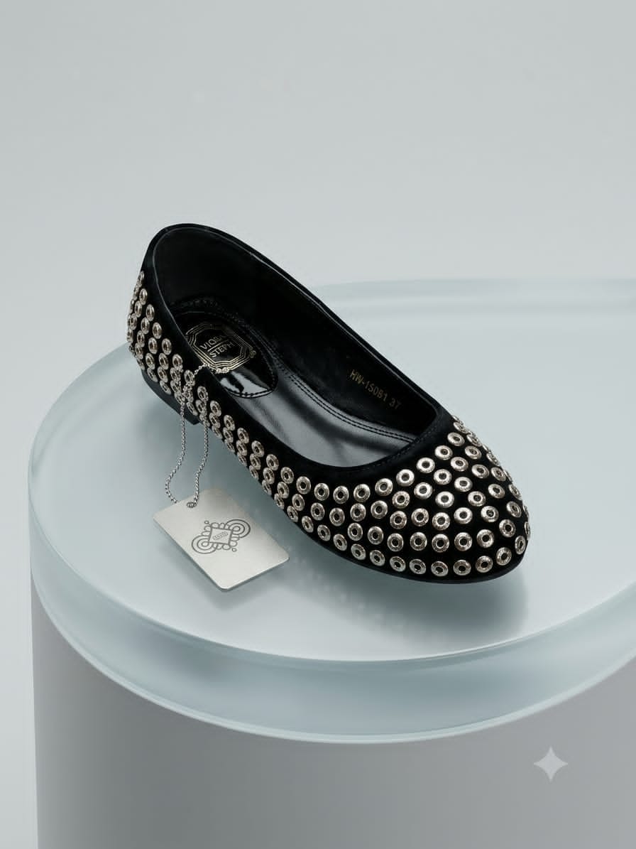 Black Suede Ballet Flat with Silver Grommet Studs — image 1