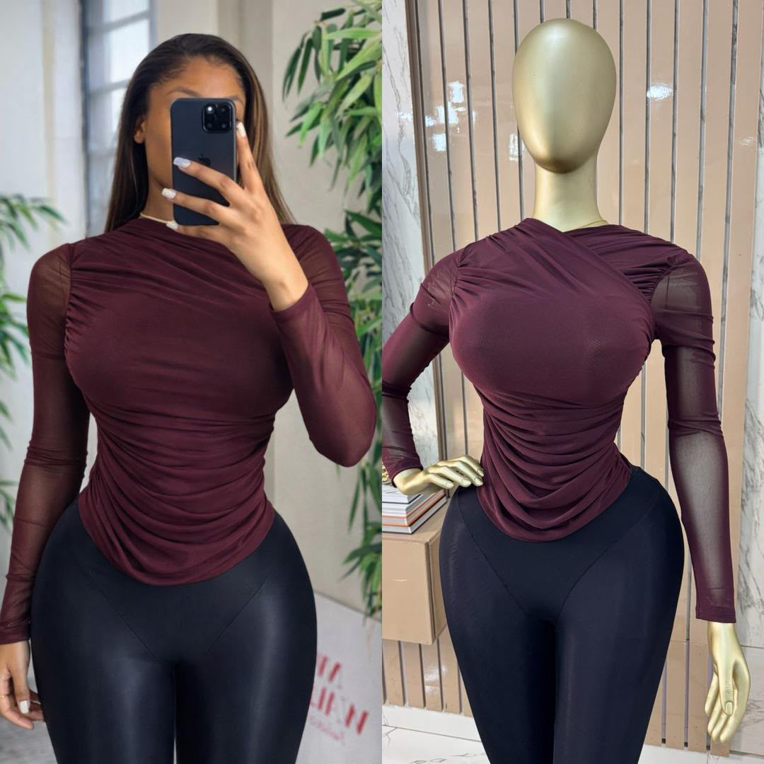 Burgundy Ruched Mesh Sleeve Fitted Long-Sleeve Top — image 2