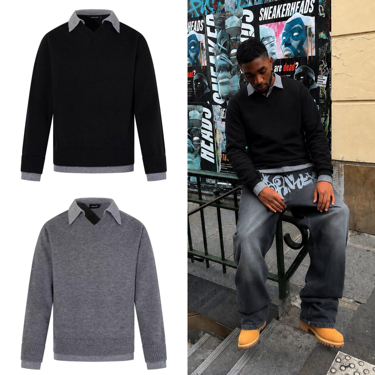 Collared V-Neck Knit Sweater with Contrast Trim — image 1