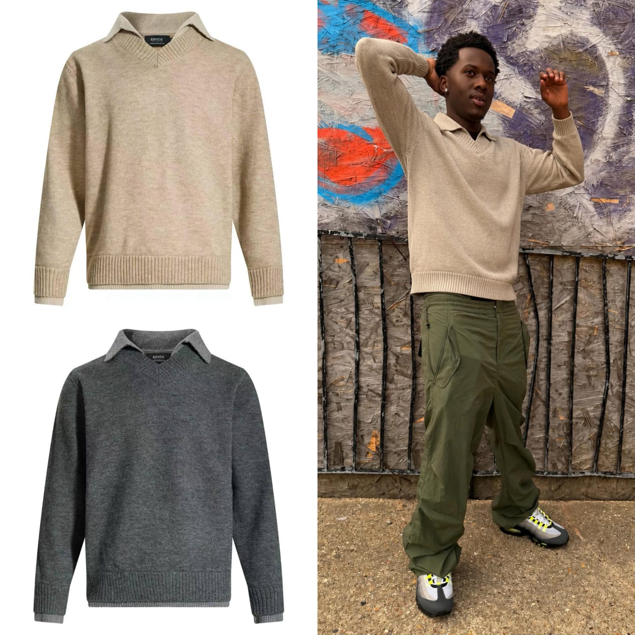Collared V-Neck Knit Sweater with Contrast Trim — image 2