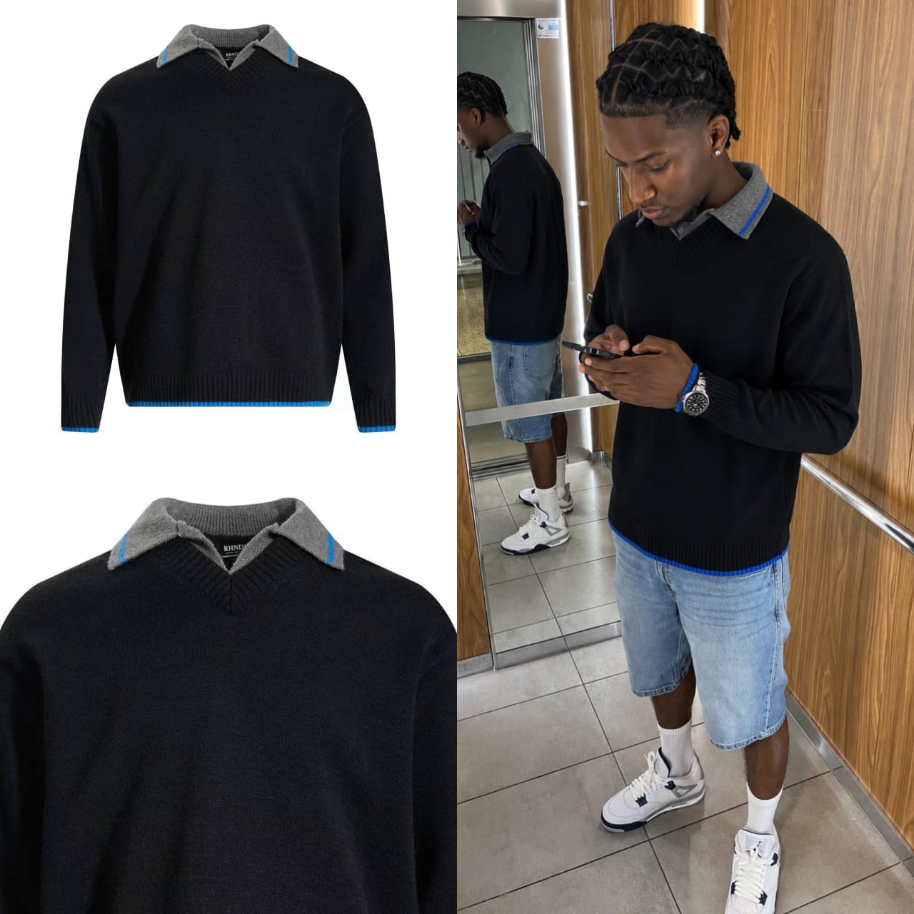 Collared V-Neck Knit Sweater with Contrast Trim — image 3