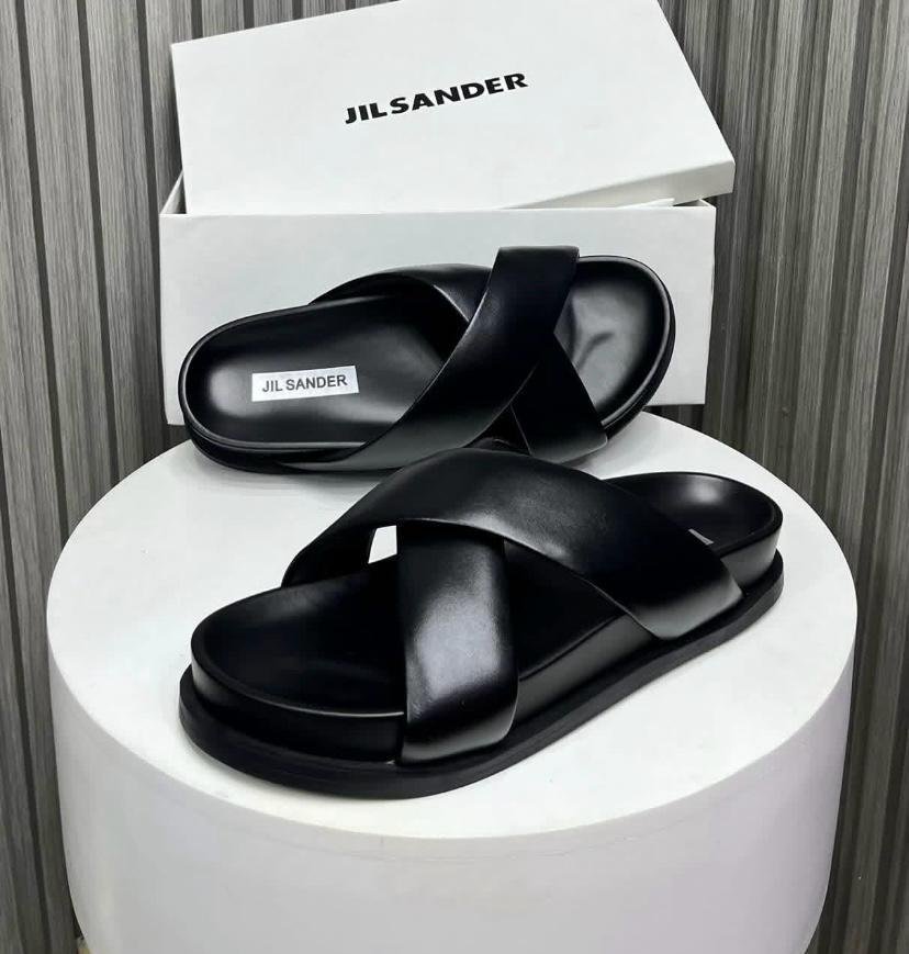 Cross-Strap Leather Flatform Slide Sandals