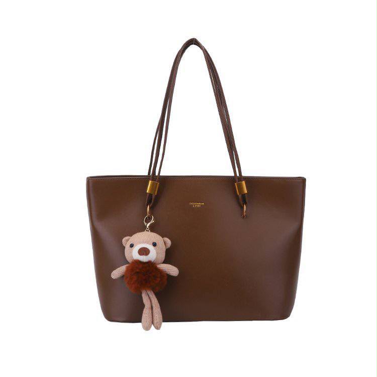 Elegant Large Capacity Faux Leather Tote Bag with Plush Teddy Bear Charm – Coffee Brown — image 1