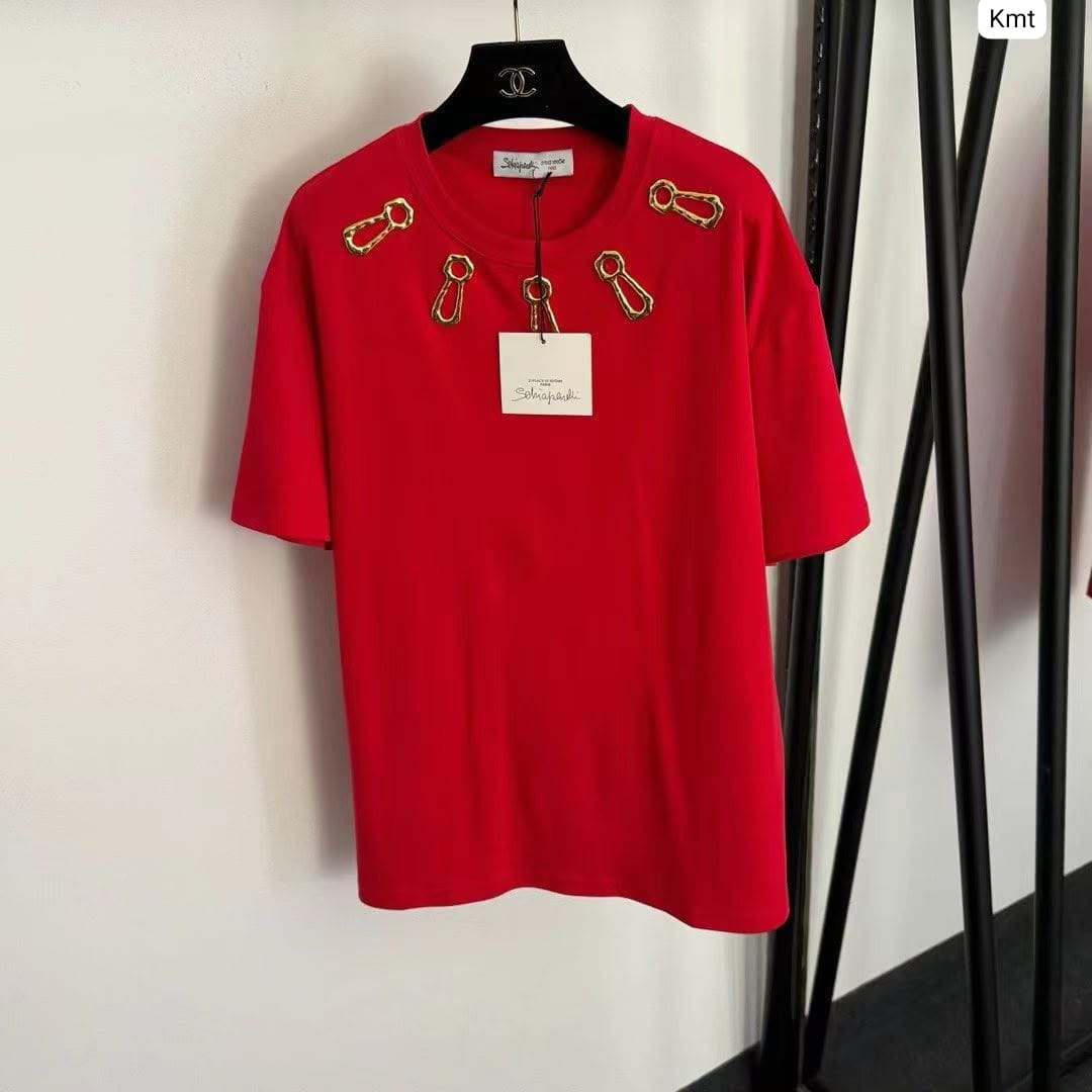 Gold Safety Pin Embellished Crew Neck T-Shirt — image 1