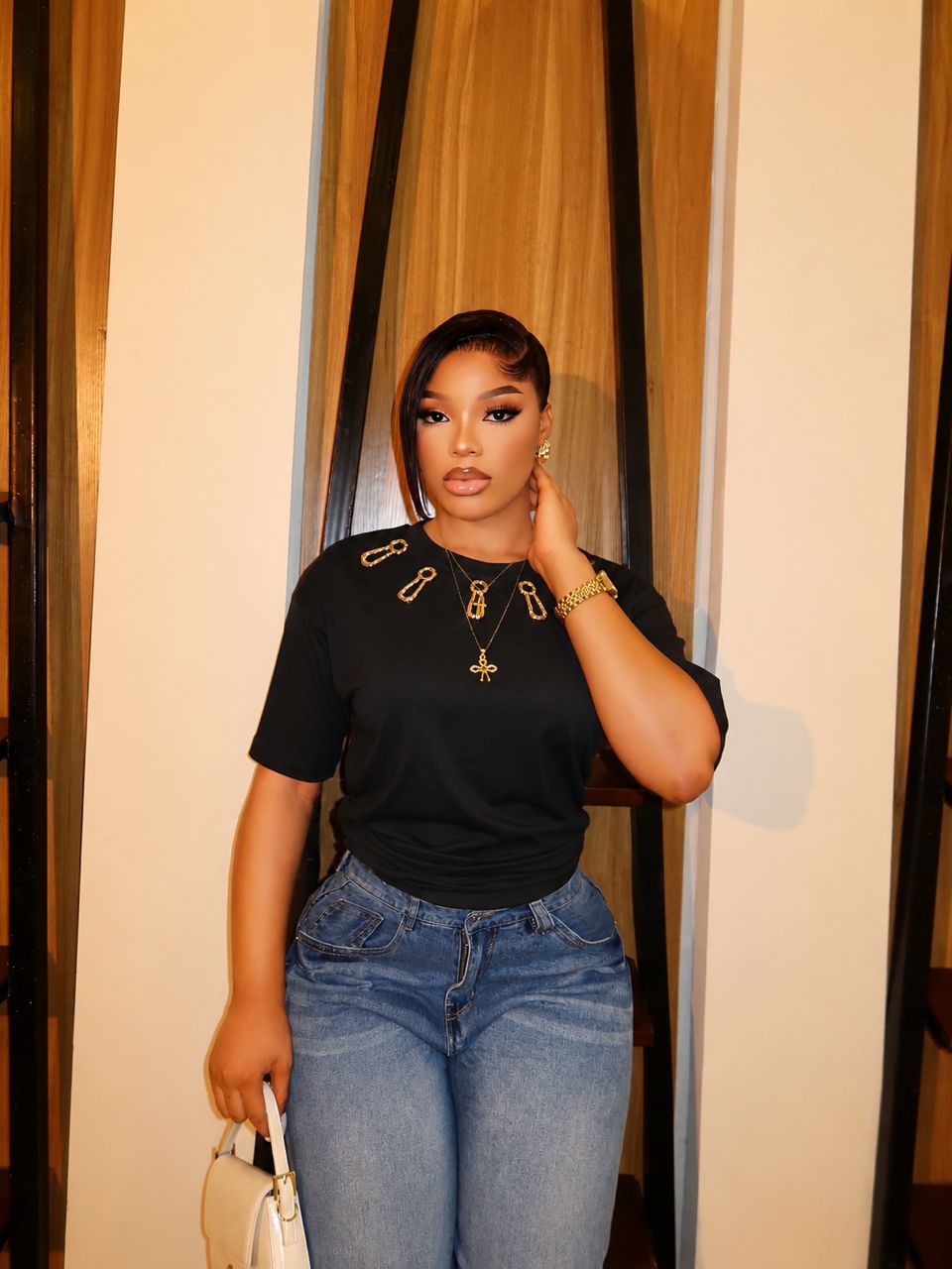 Gold Safety Pin Embellished Crew Neck T-Shirt — image 3