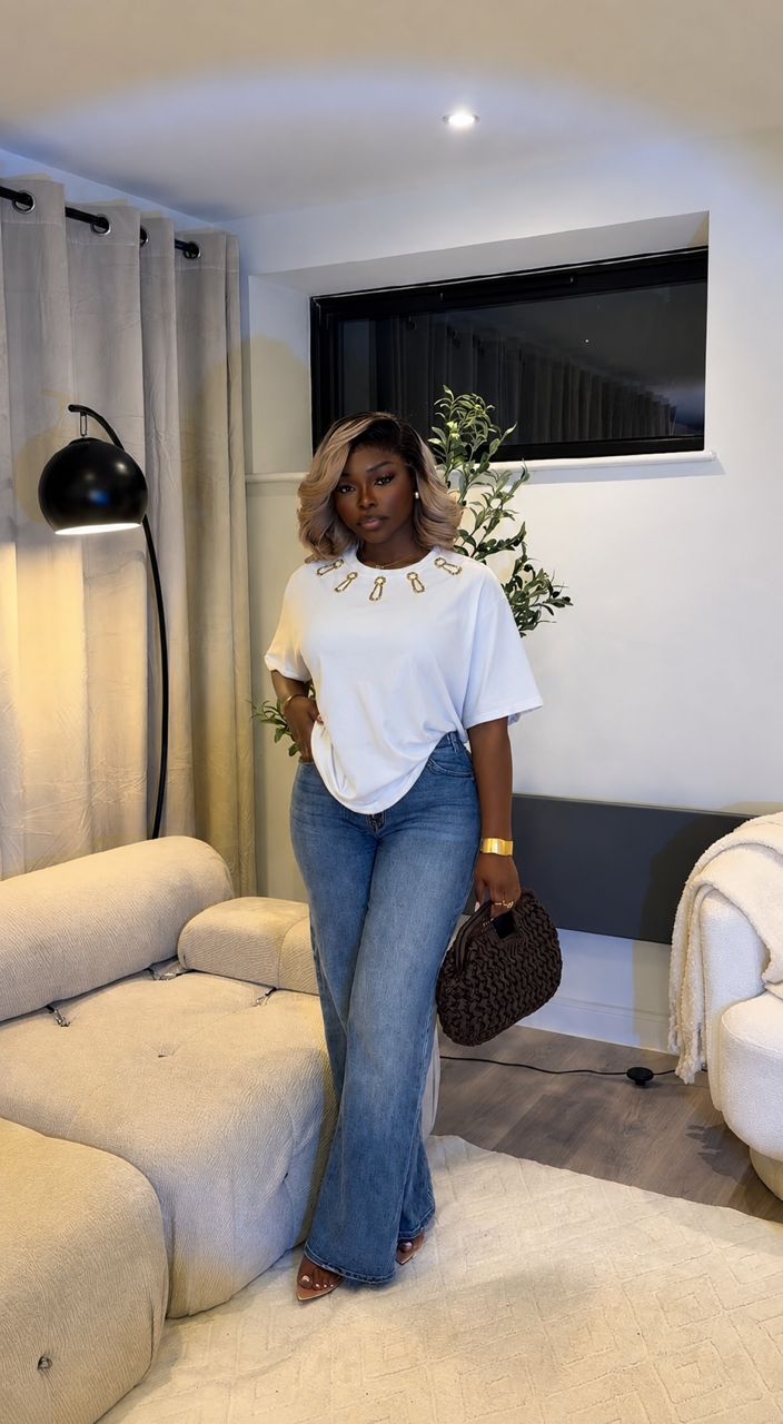 Gold Safety Pin Embellished Crew Neck T-Shirt — image 4
