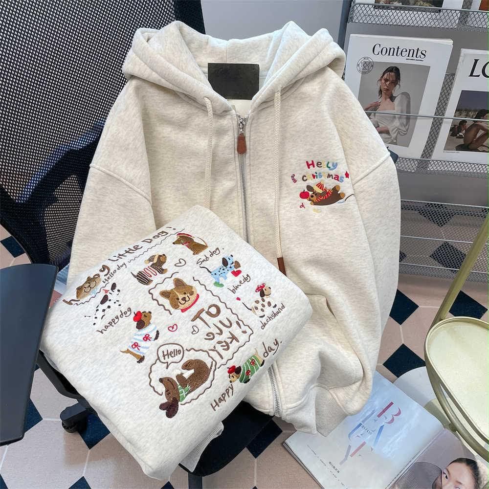Happy Little Dog Embroidered Zip-Up Hoodie in Cream