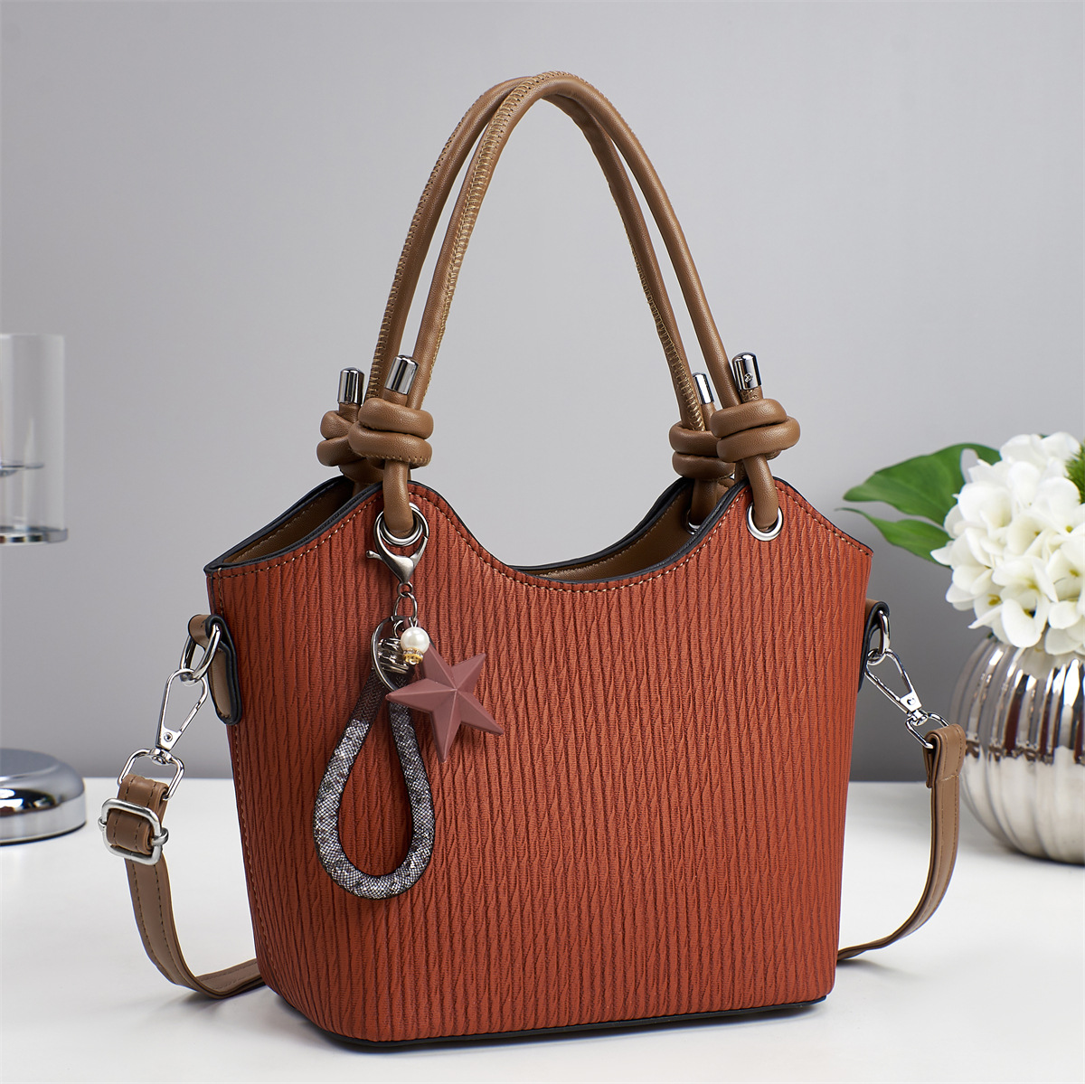Knotted Handle Textured Tote Bag with Star Charm
