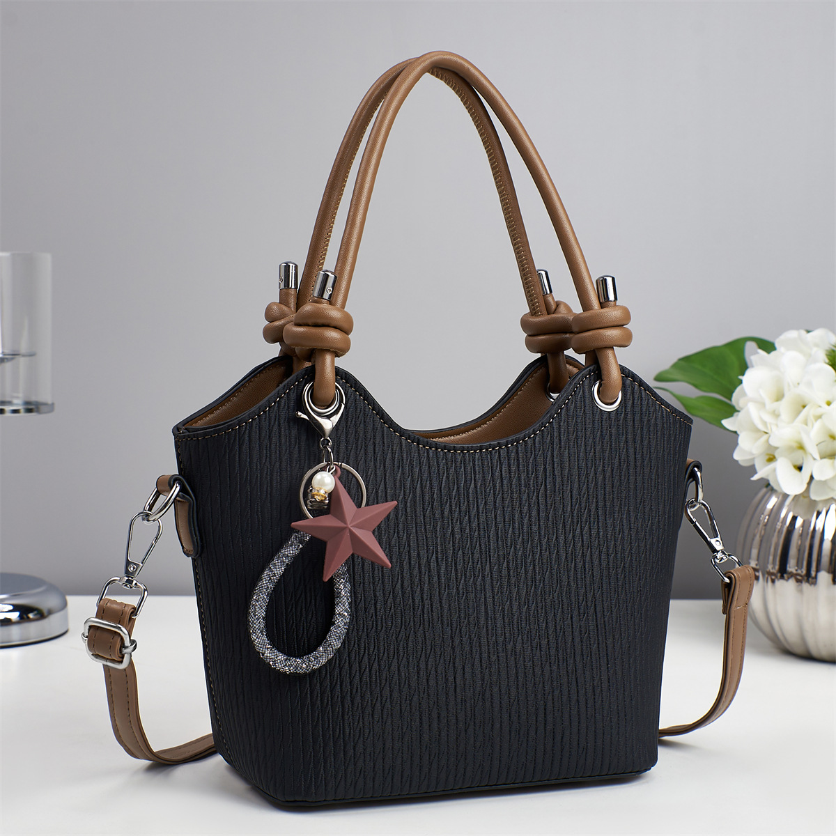 Knotted Handle Textured Tote Bag with Star Charm — image 3