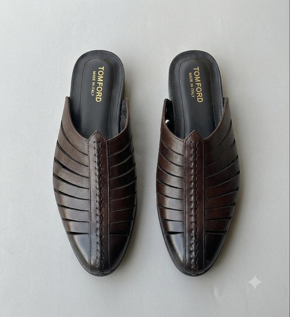 Leather Cage Mule Slide in Dark Brown & Black