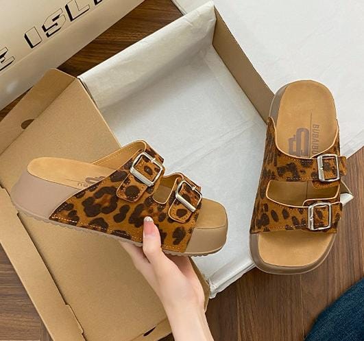 Leopard Print Double-Buckle Strap Flat Slides
