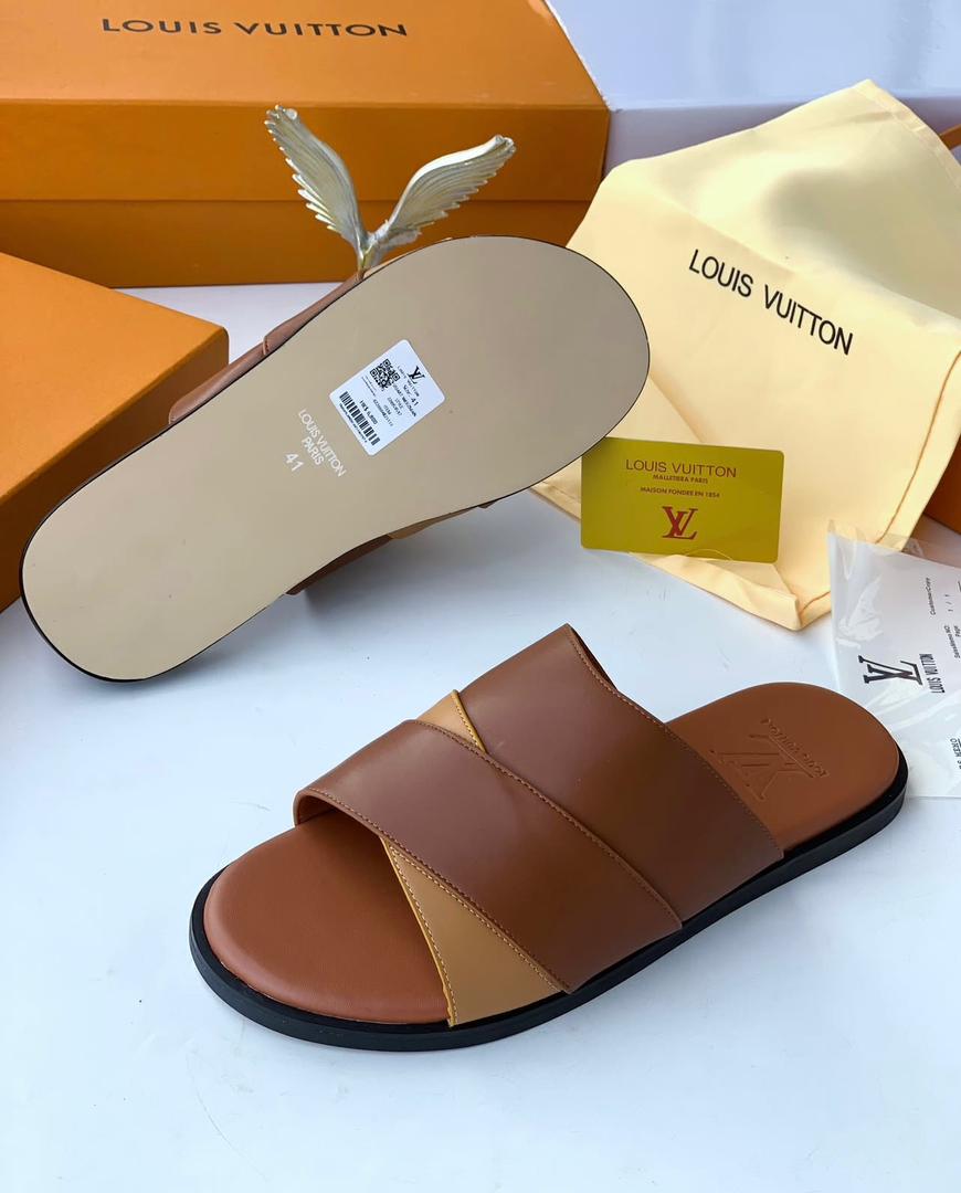Louis Vuitton Men's Dual-Tone Leather Cross-Strap Slides — image 1
