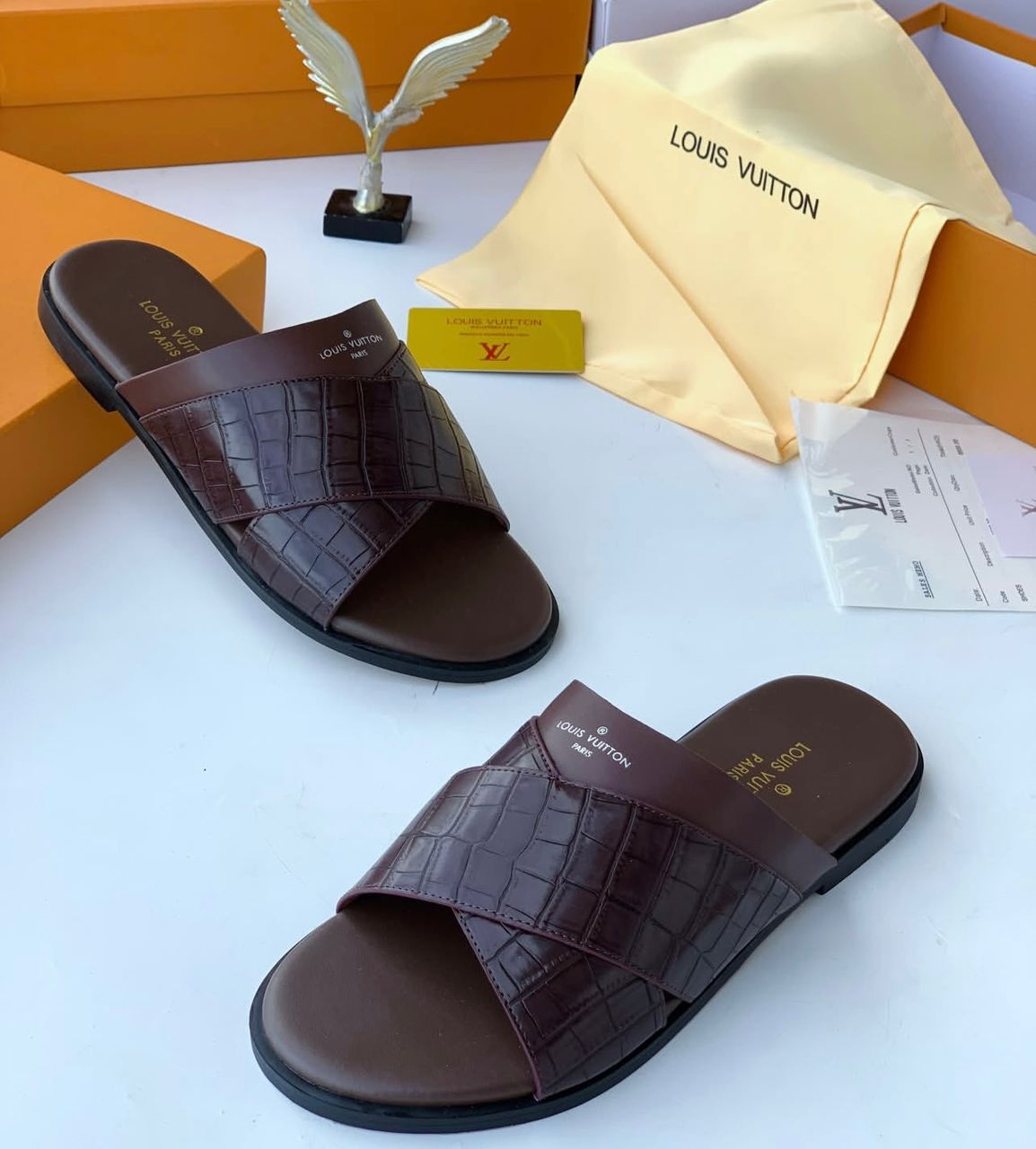 Louis Vuitton Men's Dual-Tone Leather Cross-Strap Slides — image 2