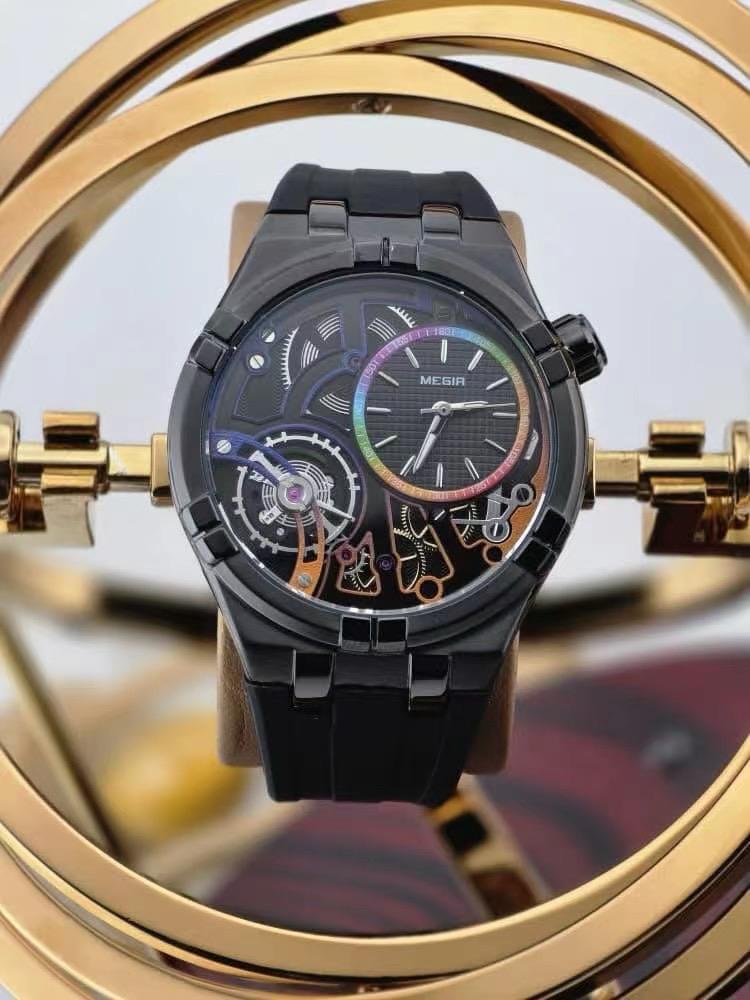 Megir Skeleton Dual-Dial Men's Watch with Rubber Strap — image 2