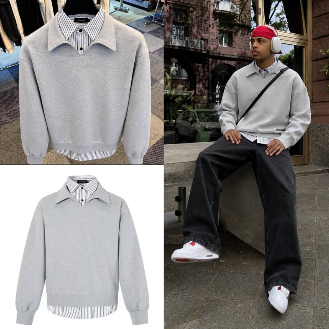 Men’s 2-in-1 Layered Polo Sweatshirt – Grey Collared Pullover with Attached Striped Shirt Hem — image 1