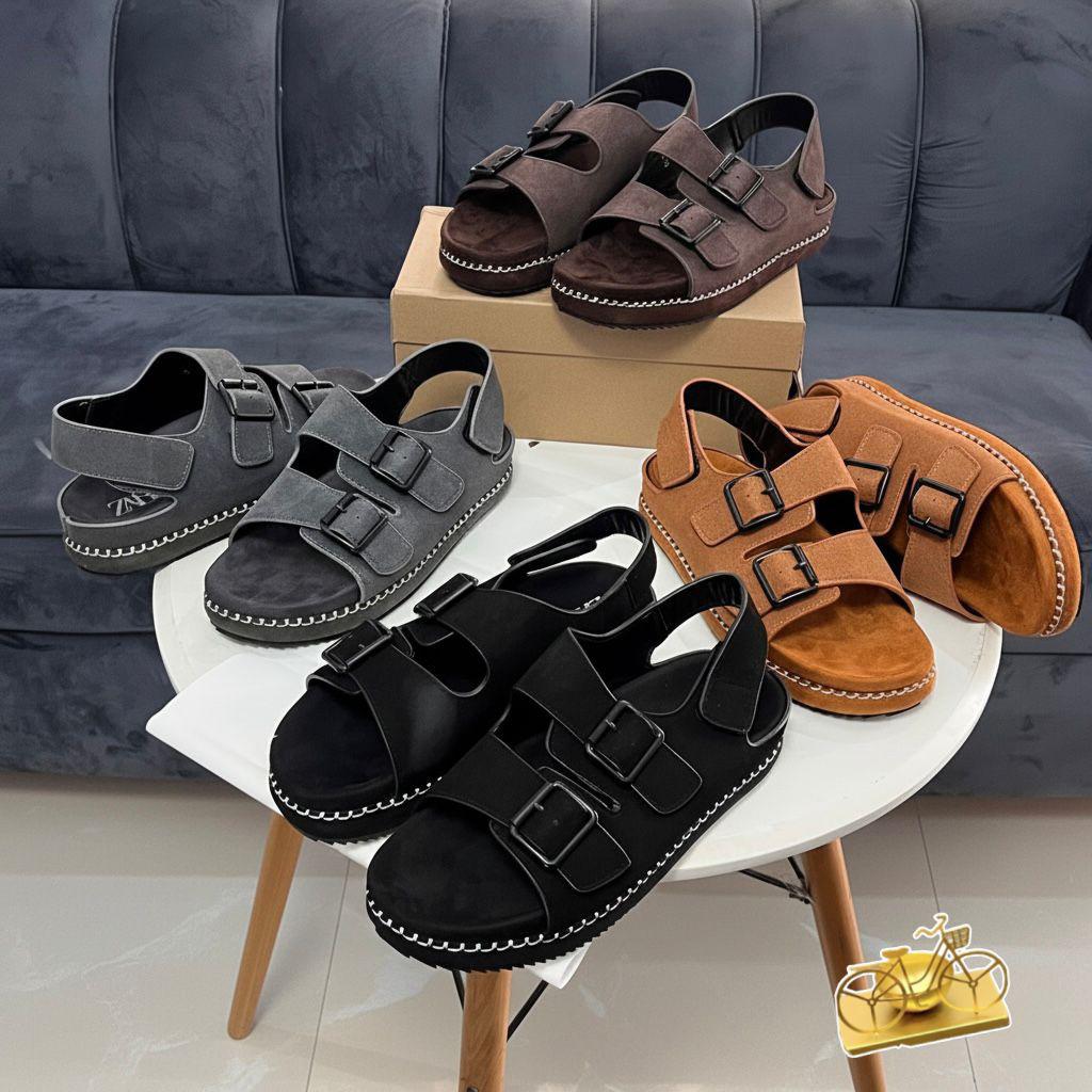 Men's Suede Double-Buckle Black Sandals | Premium Footbed Slides