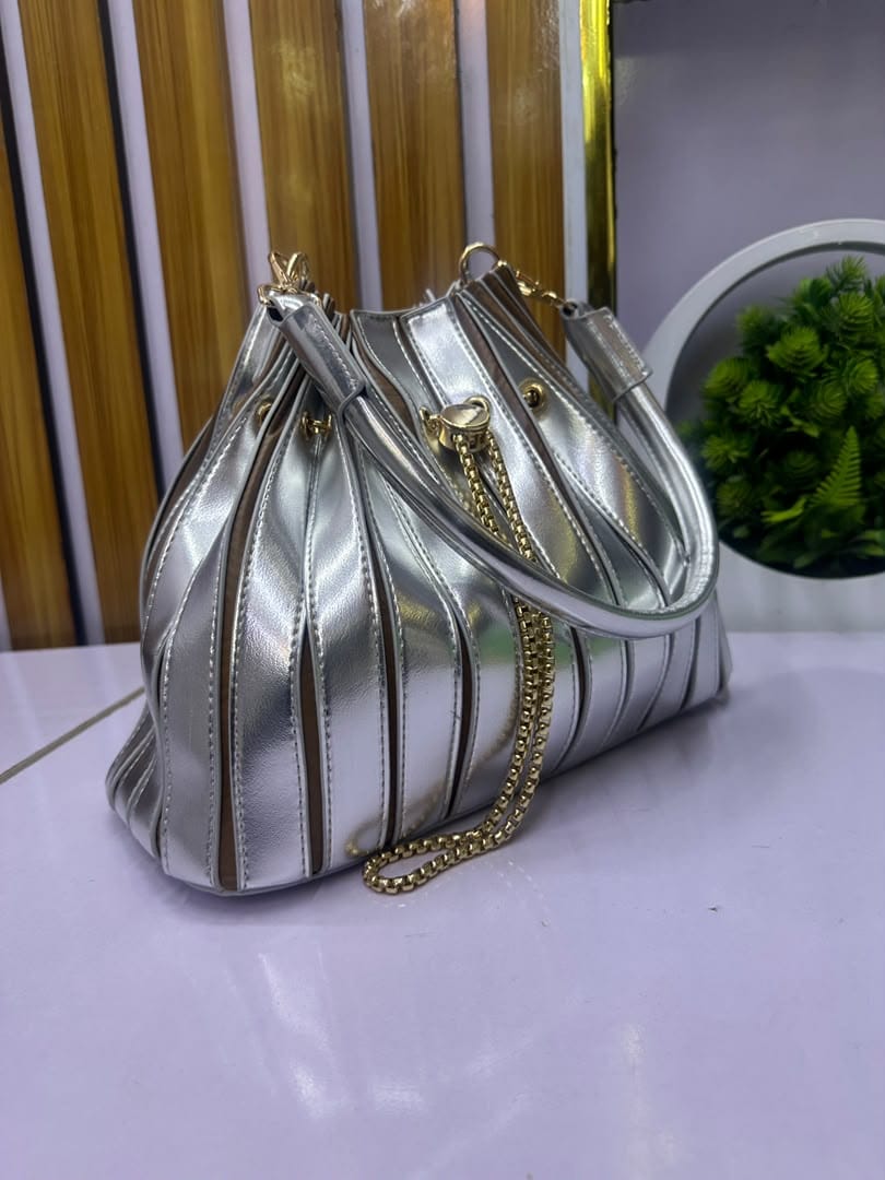 Metallic Stripe Bucket Bag with Gold Chain Strap
