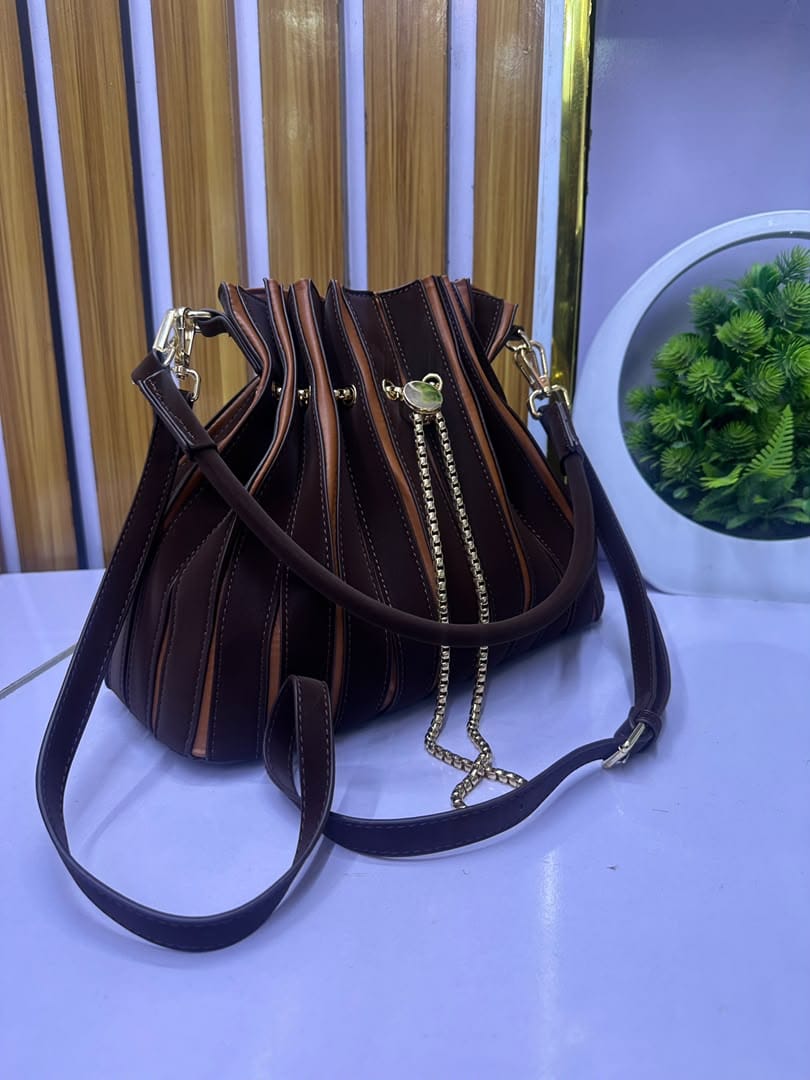 Metallic Stripe Bucket Bag with Gold Chain Strap — image 3