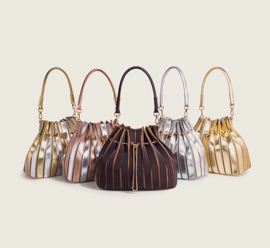 Metallic Stripe Bucket Bag with Gold Chain Strap — image 4