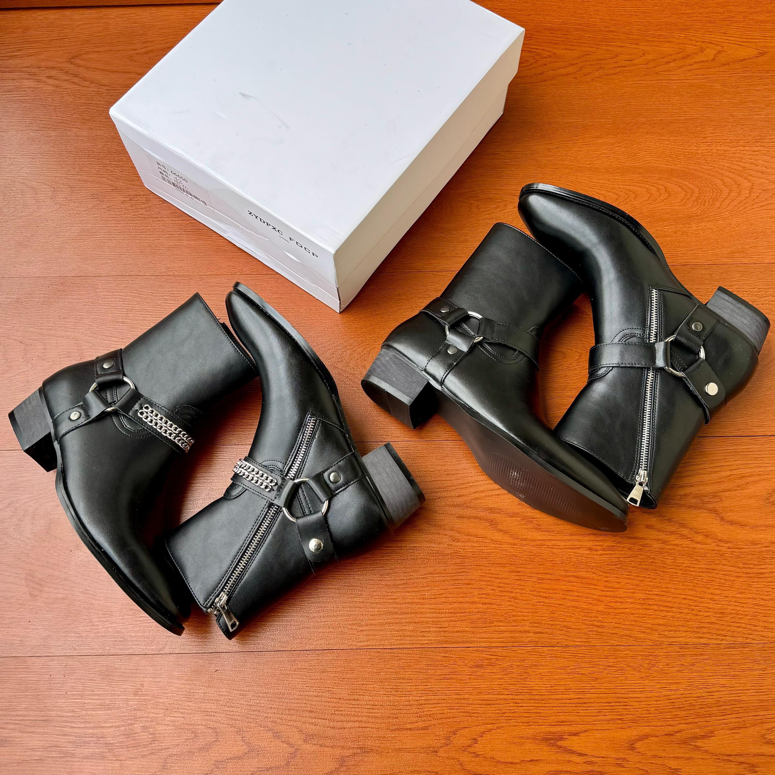 Moto Harness Chain Ankle Boot in Black Leather