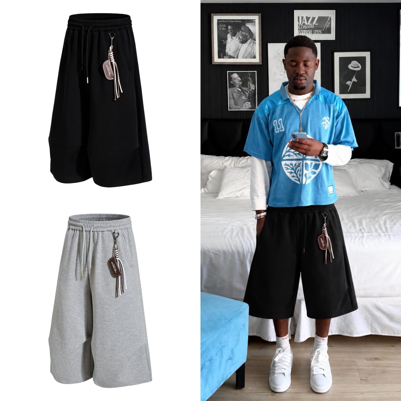 Oversized Wide-Leg Shorts with Keychain Charm — image 1