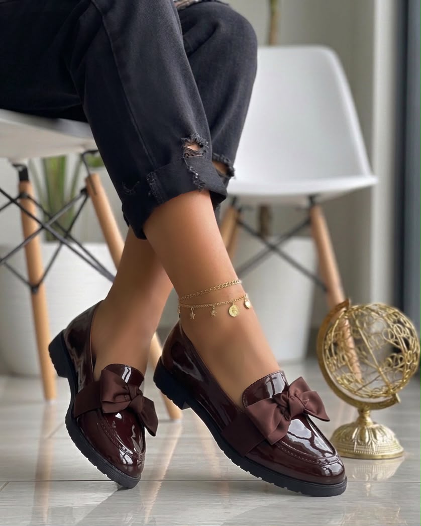 Patent Leather Bow-Detail Loafer Flat