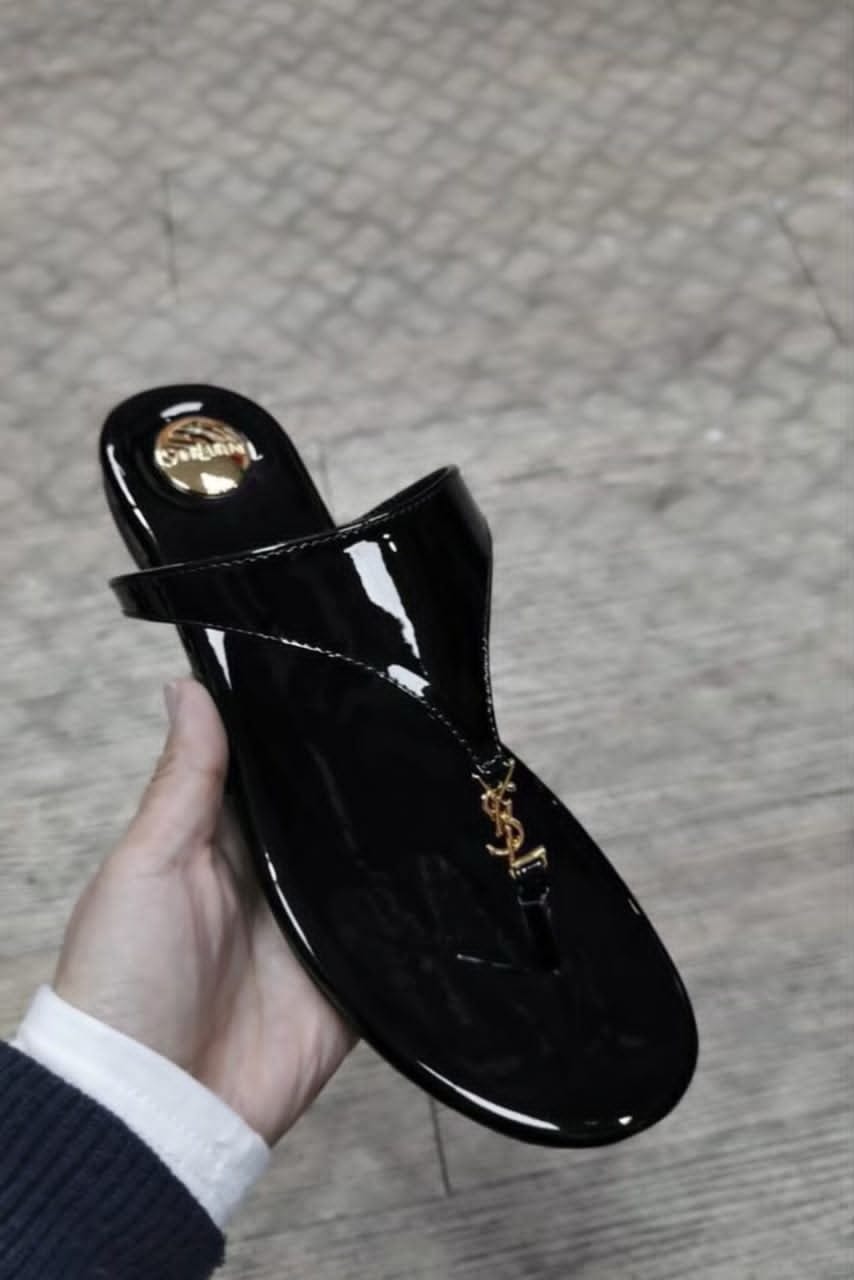 Patent Leather Thong Sandal with Gold Hardware — image 2