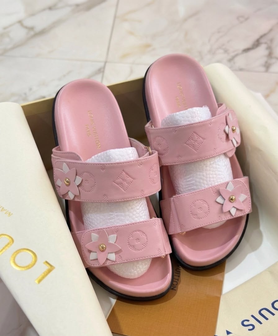 Pink Monogram Double-Strap Floral Slide Sandals