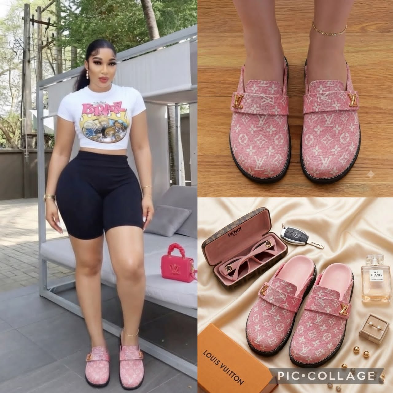 Pink Monogram Print Mule Loafer with Gold Buckle