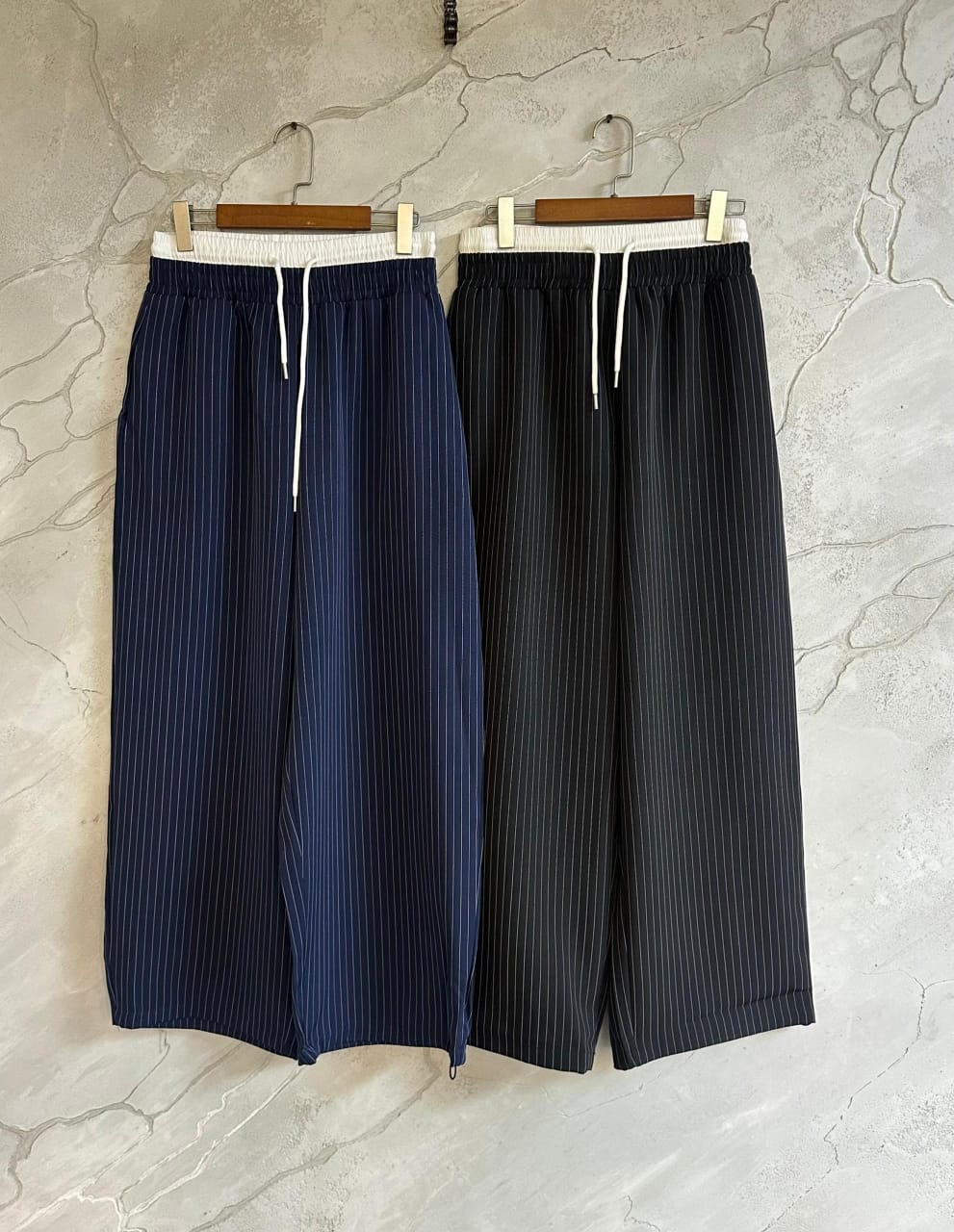Pinstripe Wide-Leg Balloon Trousers with Contrast Waistband — image 1