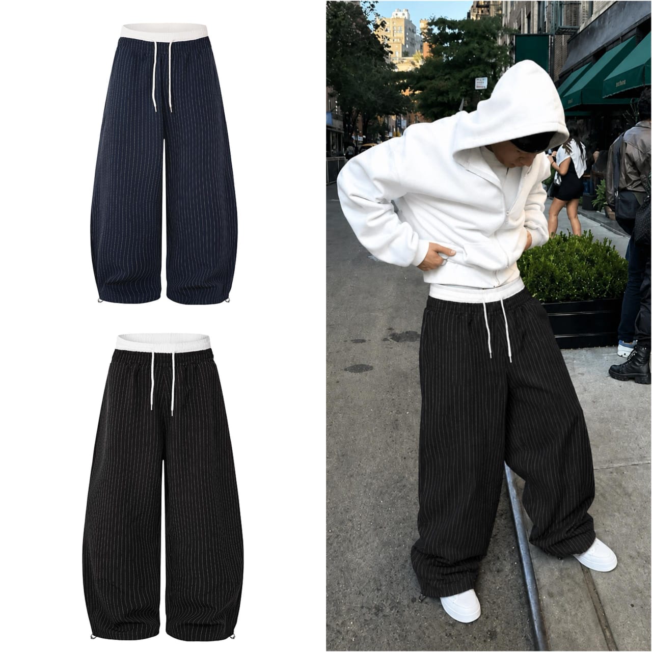 Pinstripe Wide-Leg Balloon Trousers with Contrast Waistband — image 2