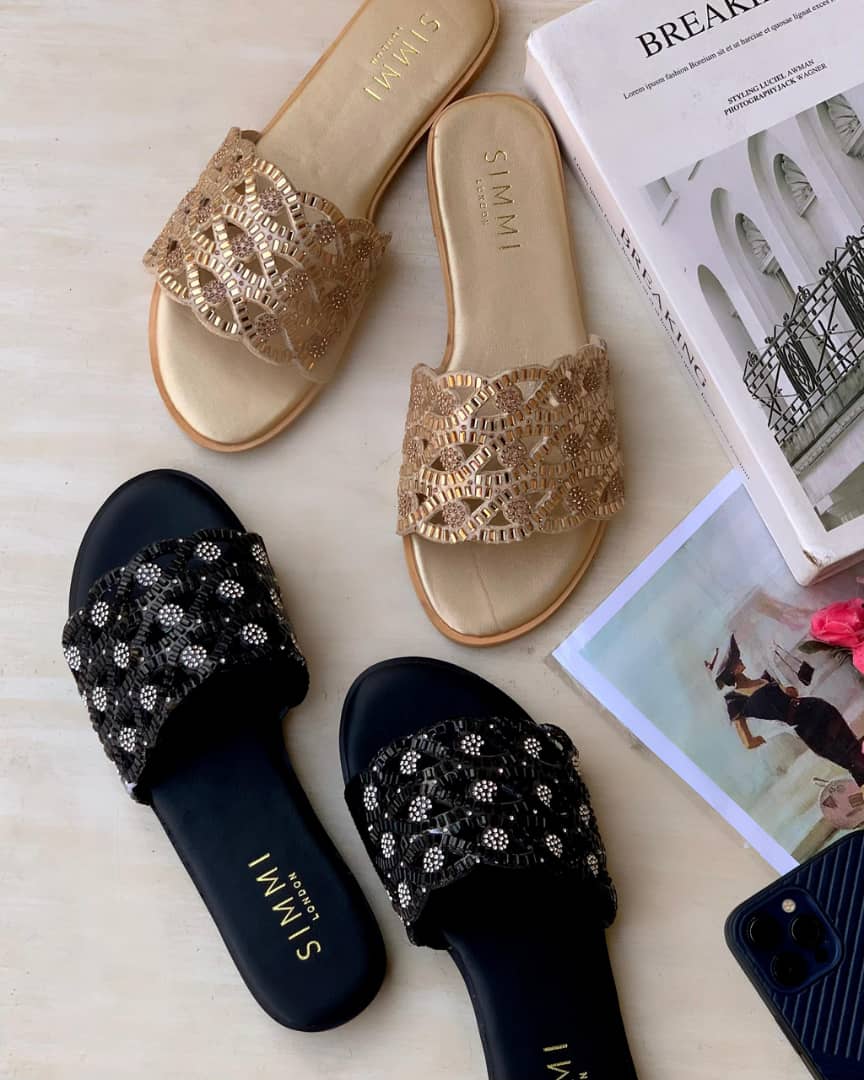 SIMMI London Women's Intricate Embellished Flat Slide Sandals