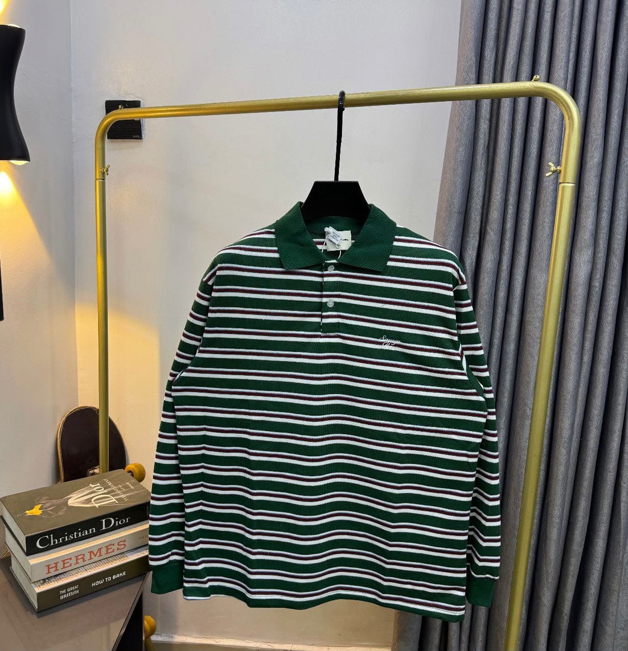 Striped Long-Sleeve Polo Shirt with Chest Embroidery