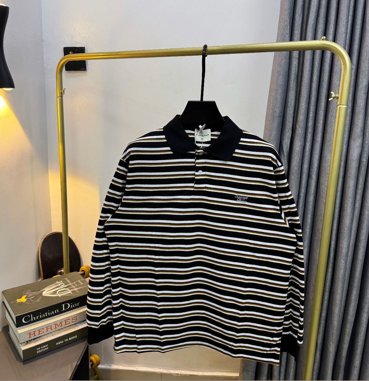 Striped Long-Sleeve Polo Shirt with Chest Embroidery — image 3