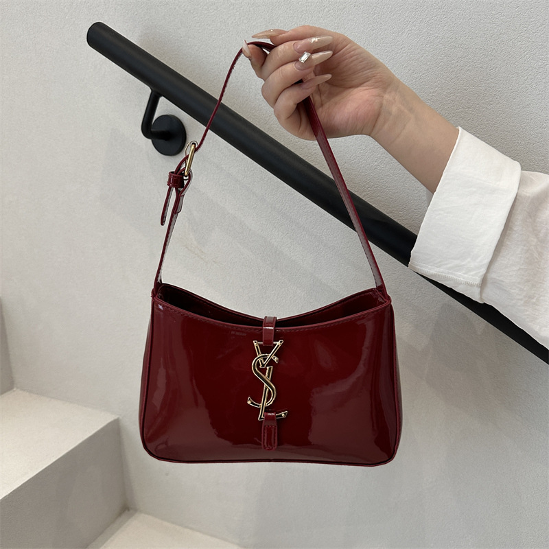 The Midnight Red 90s Hobo Bag – High-Shine Patent Leatherette Shoulder Bag with Monogram Clasp — image 1