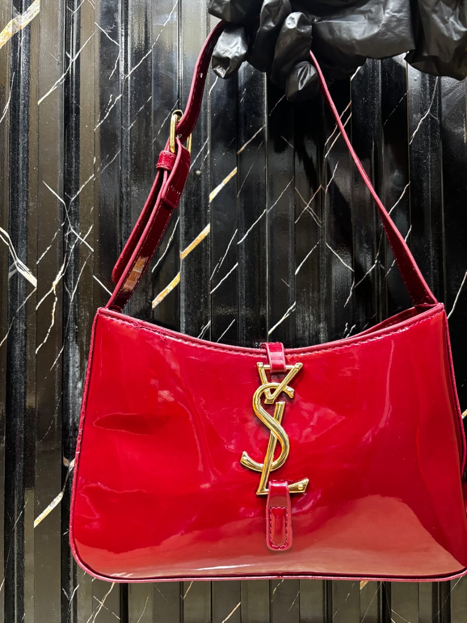 The Midnight Red 90s Hobo Bag – High-Shine Patent Leatherette Shoulder Bag with Monogram Clasp — image 2