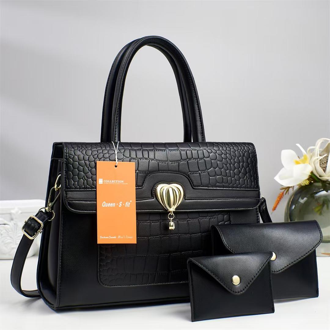 The Queen’s Fit 3-Piece Croc-Embossed Satchel Set – Structured Top-Handle Bag with Clutch and Card Wallet — image 1