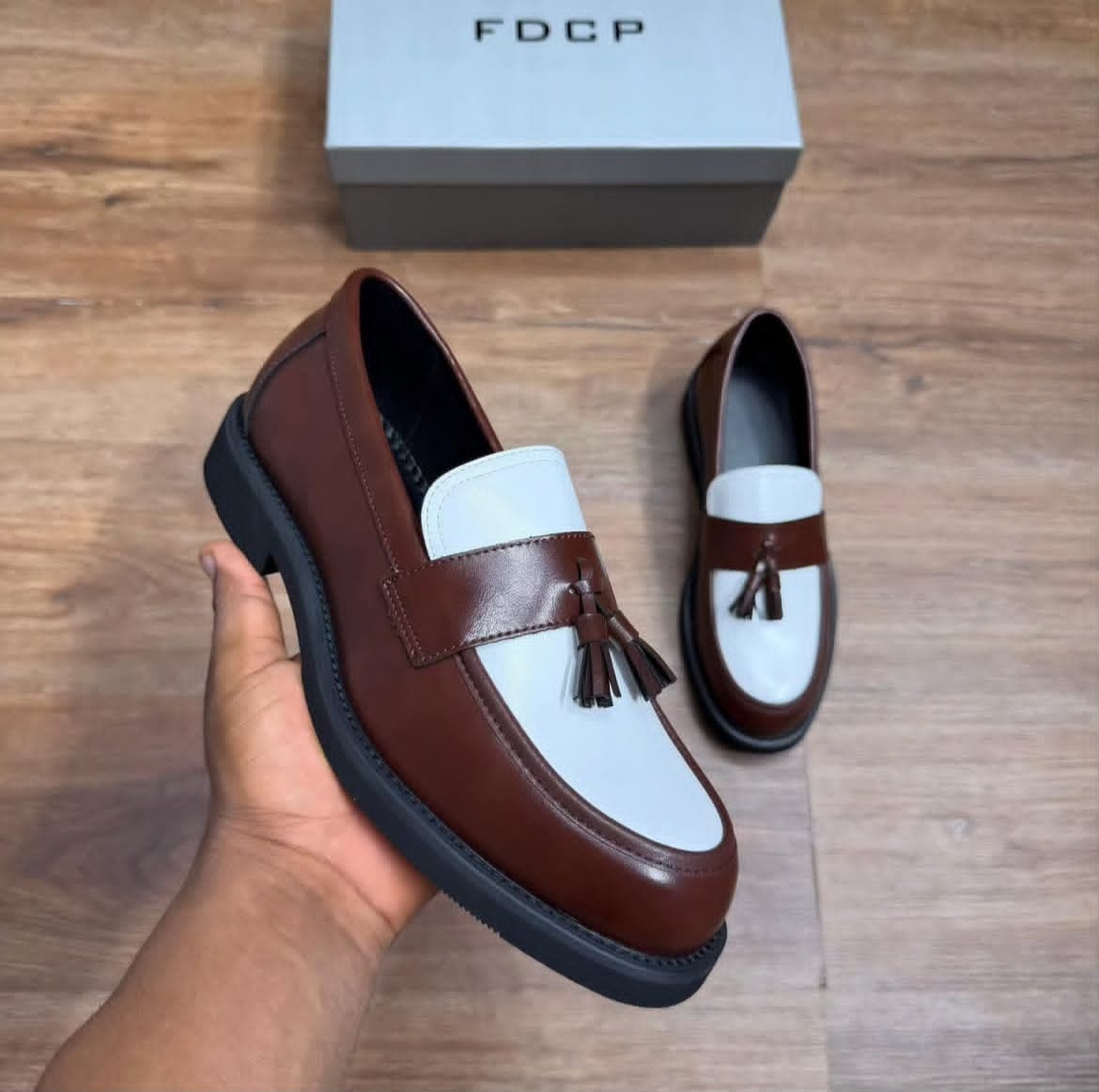 Two-Tone Tassel Loafer in Leather — Brown/White & Black/White
