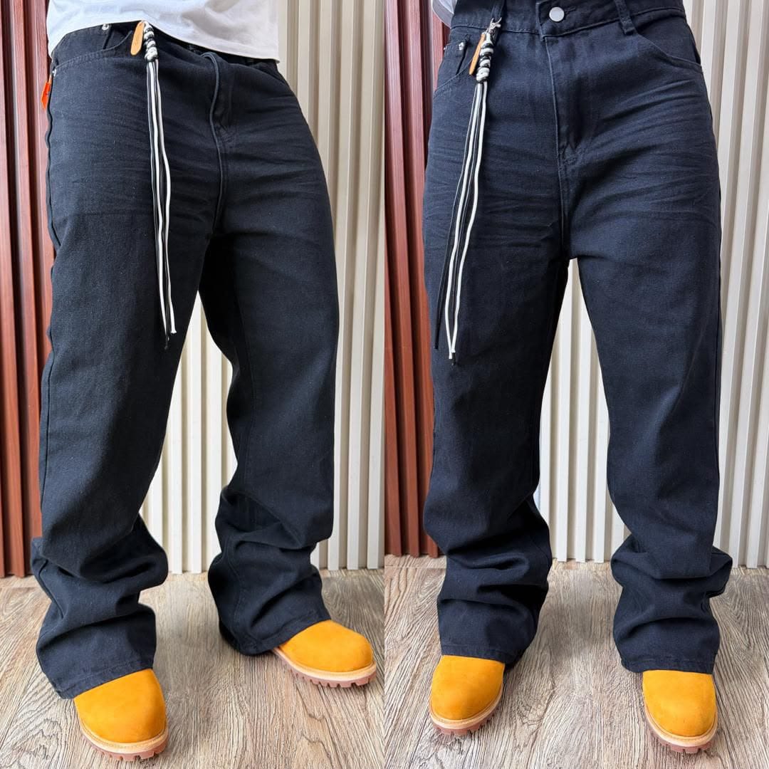 Wide-Leg Denim Jeans with Decorative Drawstring