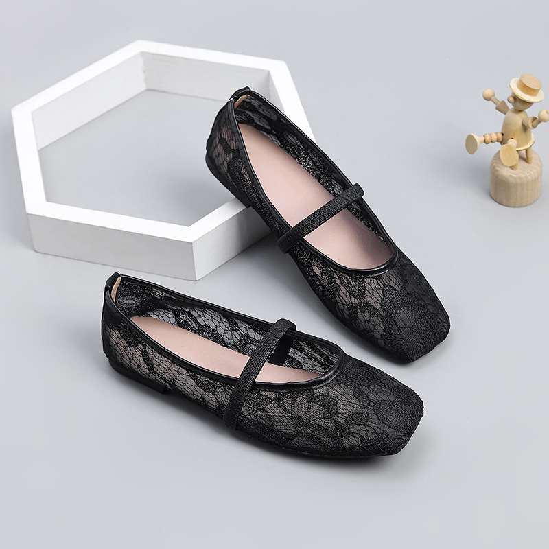 Women's Square Toe Black Lace Mary Jane Ballet Flats – Breathable Sheer Mesh Slip-On Shoes