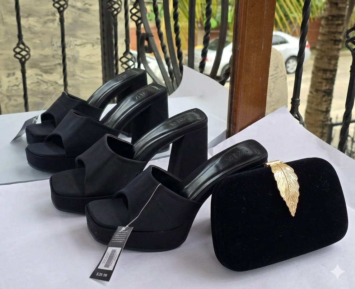 Zara Black Satin Open-Toe Block Heel Platform Mules