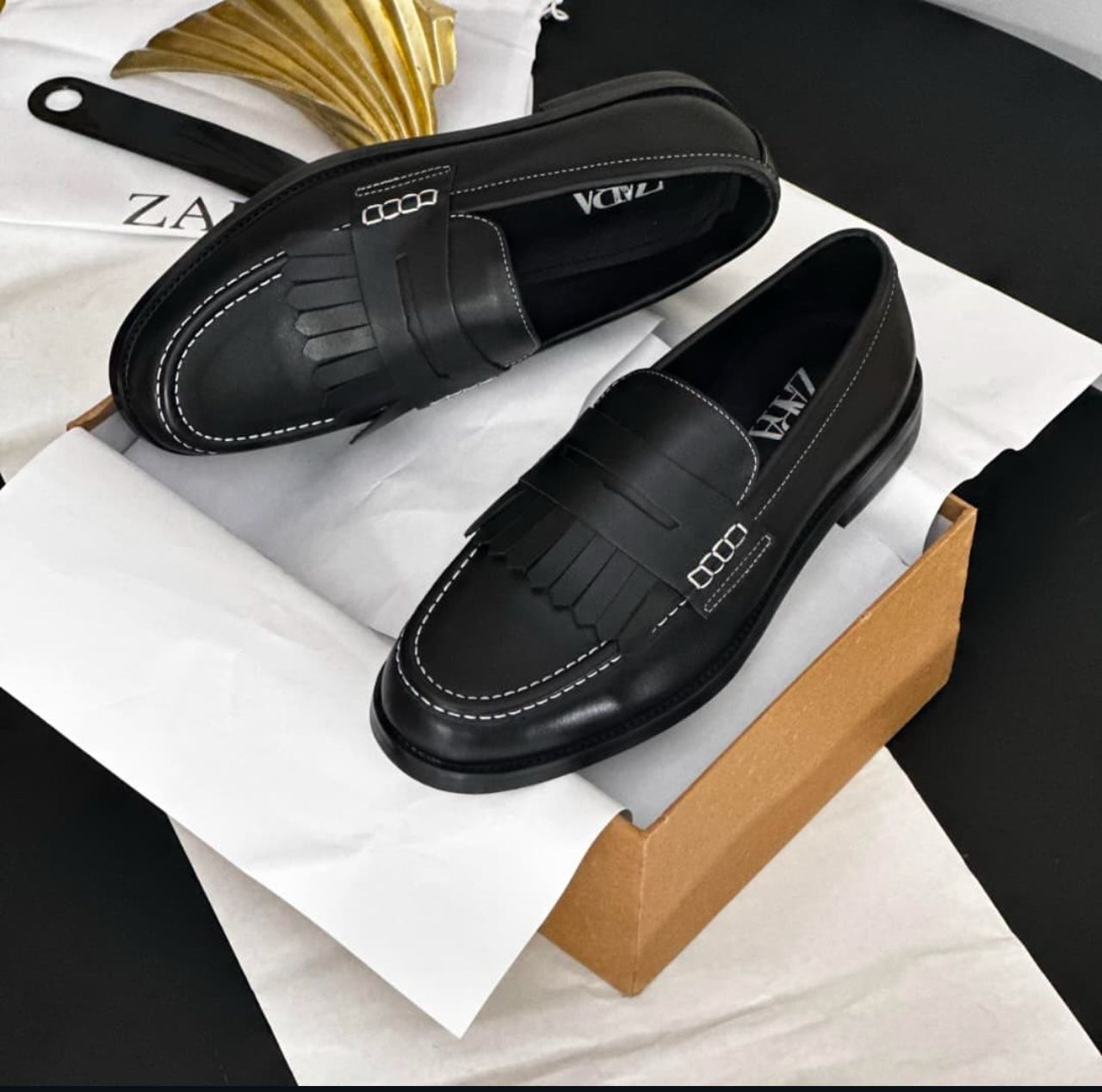 Zara Men’s Fringed Leather Penny Loafers with Contrast Stitching — image 2